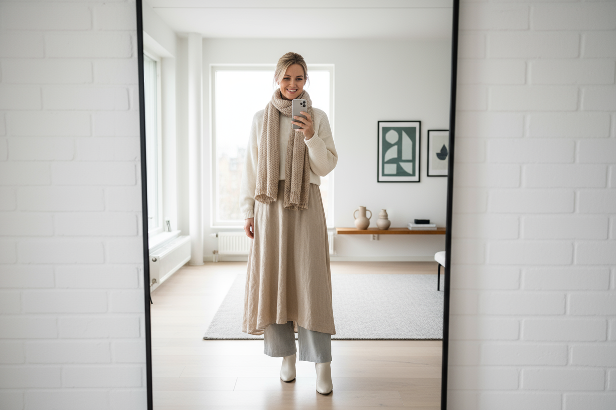 Maak een afbeelding van een zweedse vrouw die een selfie maakt in de spiegel, met een zweedse stijl outfit. Laat de vrouw knap en sexie zijn 