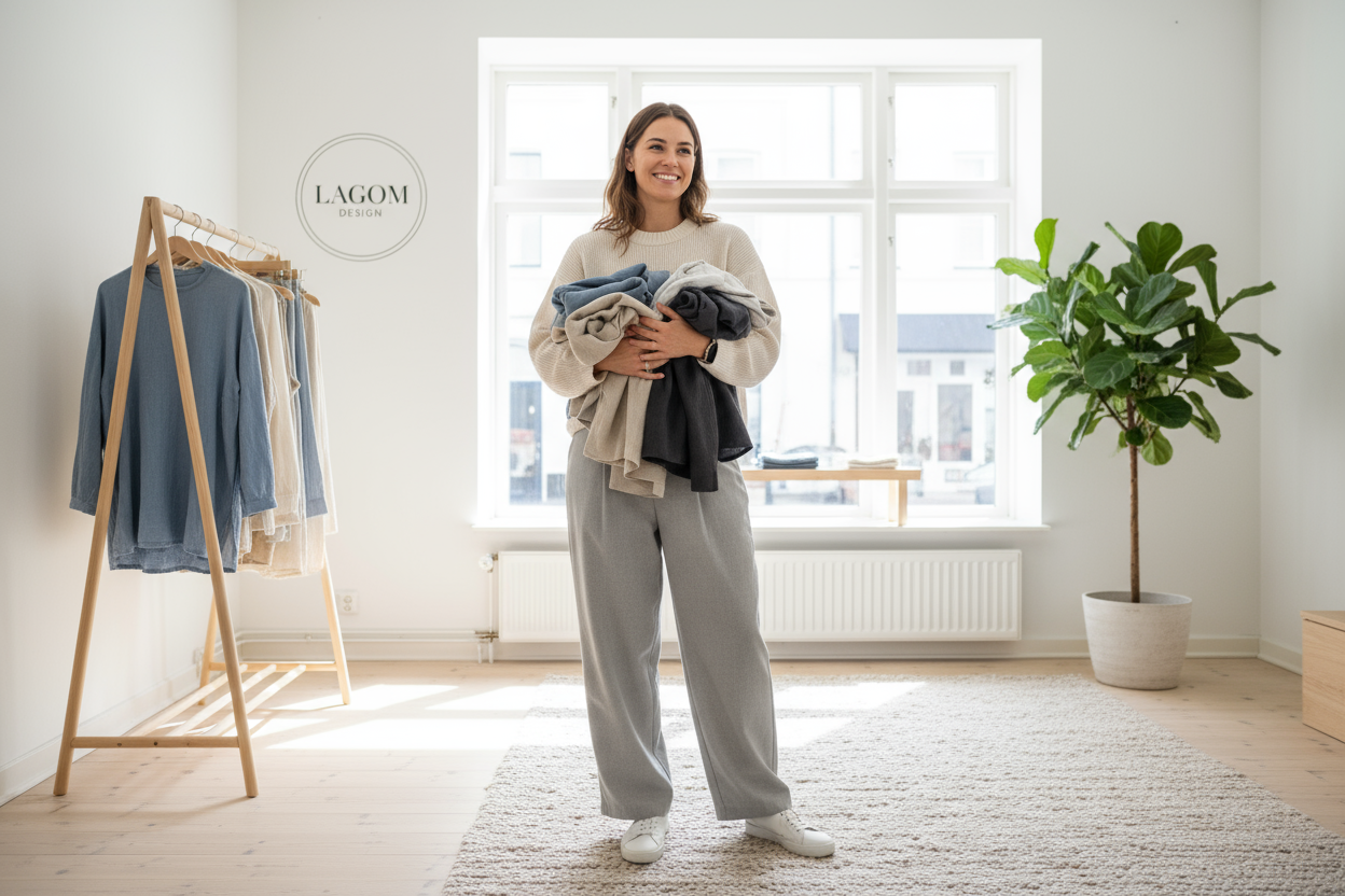Mevrouw die tevreden met kleren in de hand staat, blij met een nieuw gekocht artikel, zweedse stijl